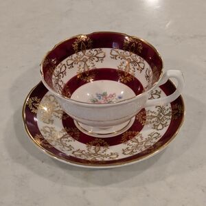 Vintage Royal Grafton Luxurious Burgundy and Gold Teacup and Saucer Set 1940s